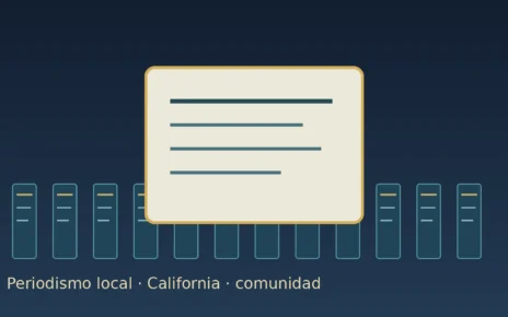 Ilustración de documentos y edificios que representan el periodismo local en California