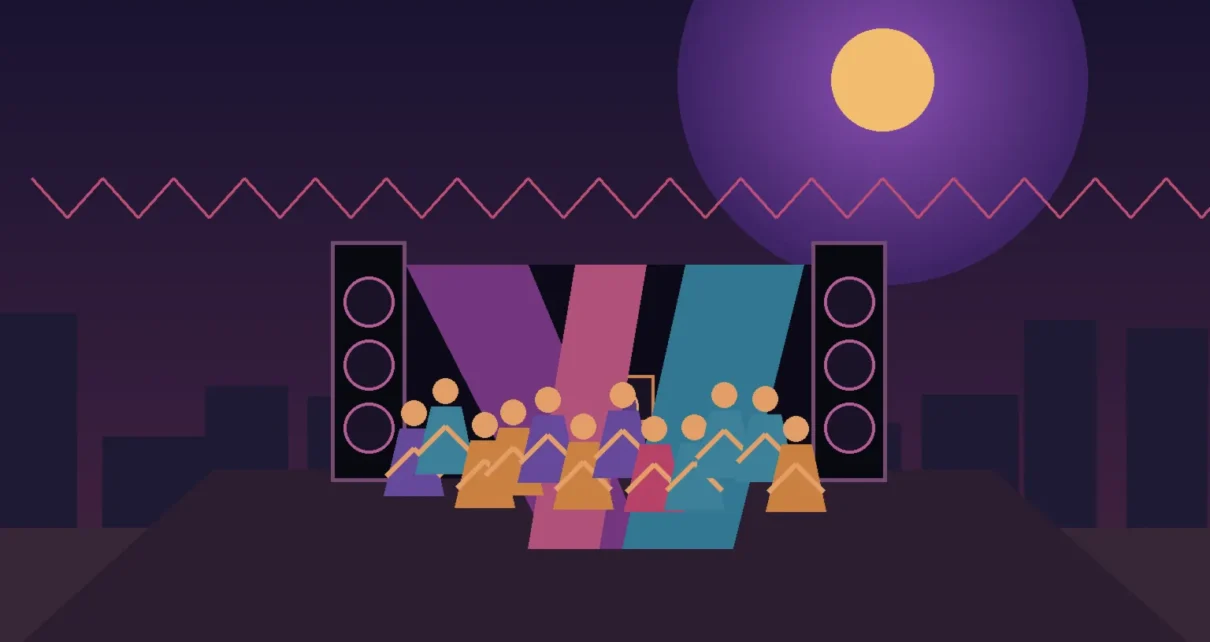 Ilustración de un baile sonidero comunitario con bocinas, luces y parejas bailando