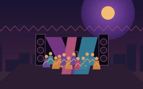 Ilustración de un baile sonidero comunitario con bocinas, luces y parejas bailando