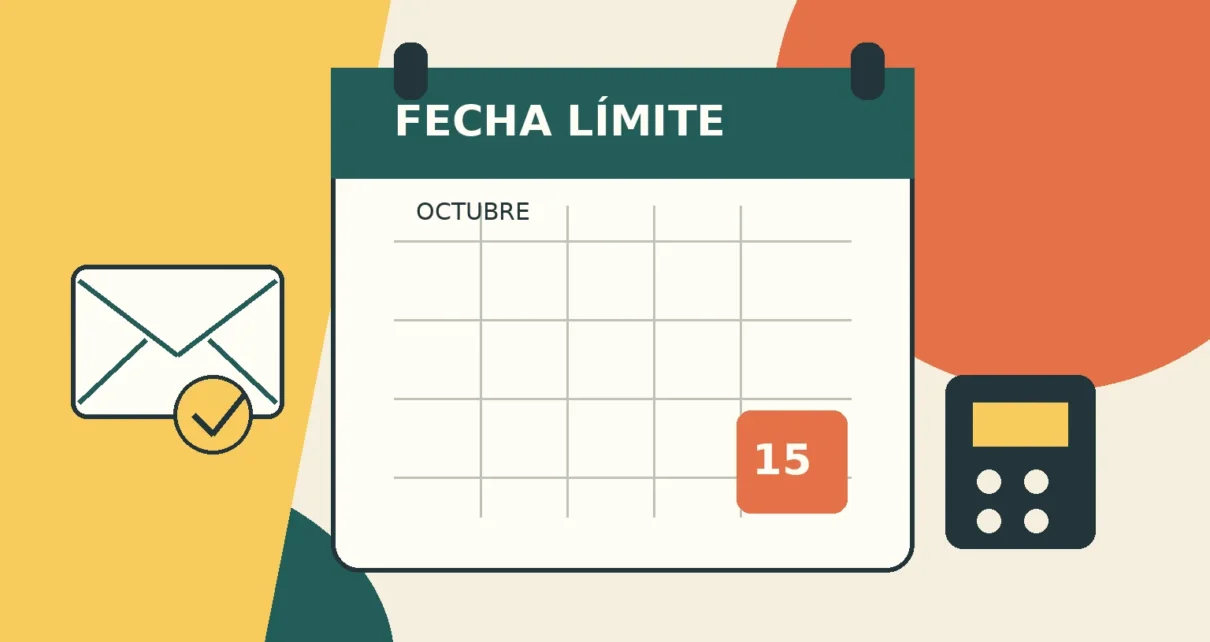 Calendario editorial que resalta el 15 de octubre junto a un sobre y una calculadora