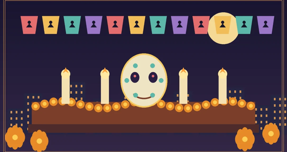 Ilustración editorial con ofrenda, flores de cempasúchil, velas y papel picado en Los Ángeles