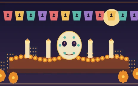 Ilustración editorial con ofrenda, flores de cempasúchil, velas y papel picado en Los Ángeles