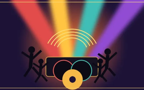 Ilustración de una pista de baile con tornamesas y siluetas de personas bailando