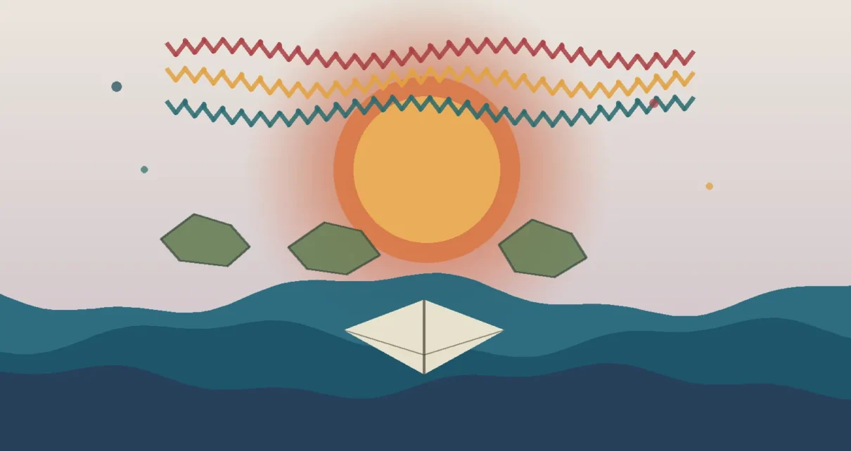 Ilustración editorial con un sol, formas de islas del Caribe, ondas de mar y un libro abierto para representar la memoria cultural del 12 de octubre