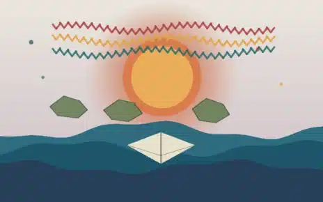 Ilustración editorial con un sol, formas de islas del Caribe, ondas de mar y un libro abierto para representar la memoria cultural del 12 de octubre