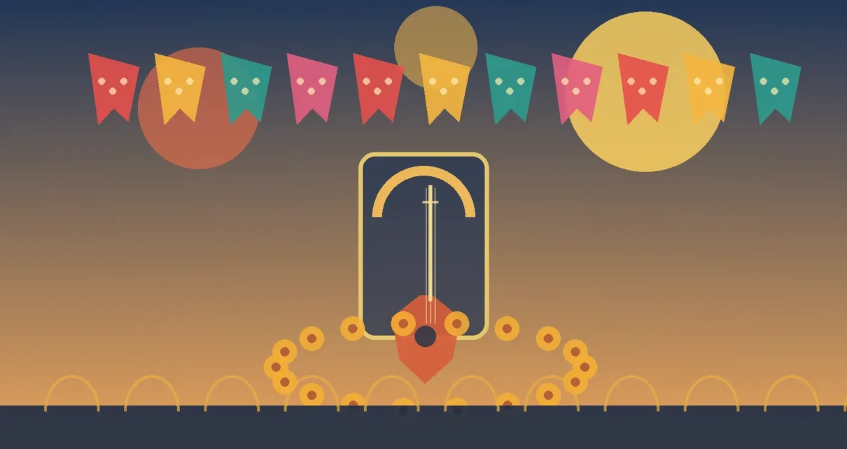 Ilustración editorial con motivos de mariachi, flores de cempasúchil y una guitarra en colores inspirados en la herencia latina