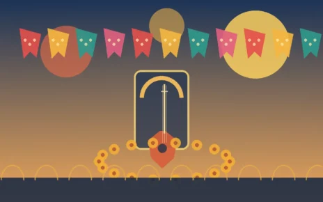 Ilustración editorial con motivos de mariachi, flores de cempasúchil y una guitarra en colores inspirados en la herencia latina