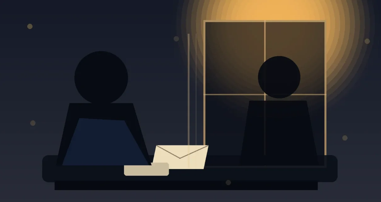 Ilustración de dos personas separadas por una ventana y conectadas por cartas