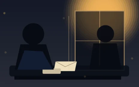 Ilustración de dos personas separadas por una ventana y conectadas por cartas