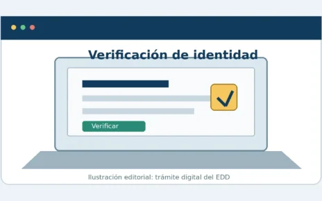 Ilustración de una computadora con una pantalla de verificación de identidad y una marca de confirmación