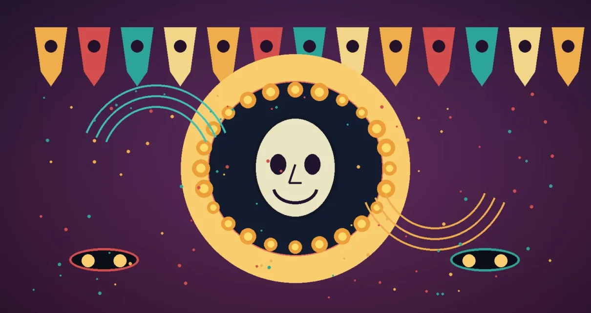 Ilustración editorial con una calavera estilizada, flores de cempasúchil y ondas musicales en una escena nocturna