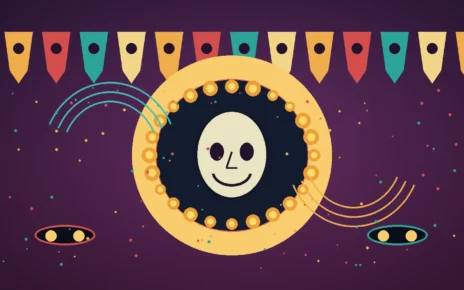 Ilustración editorial con una calavera estilizada, flores de cempasúchil y ondas musicales en una escena nocturna