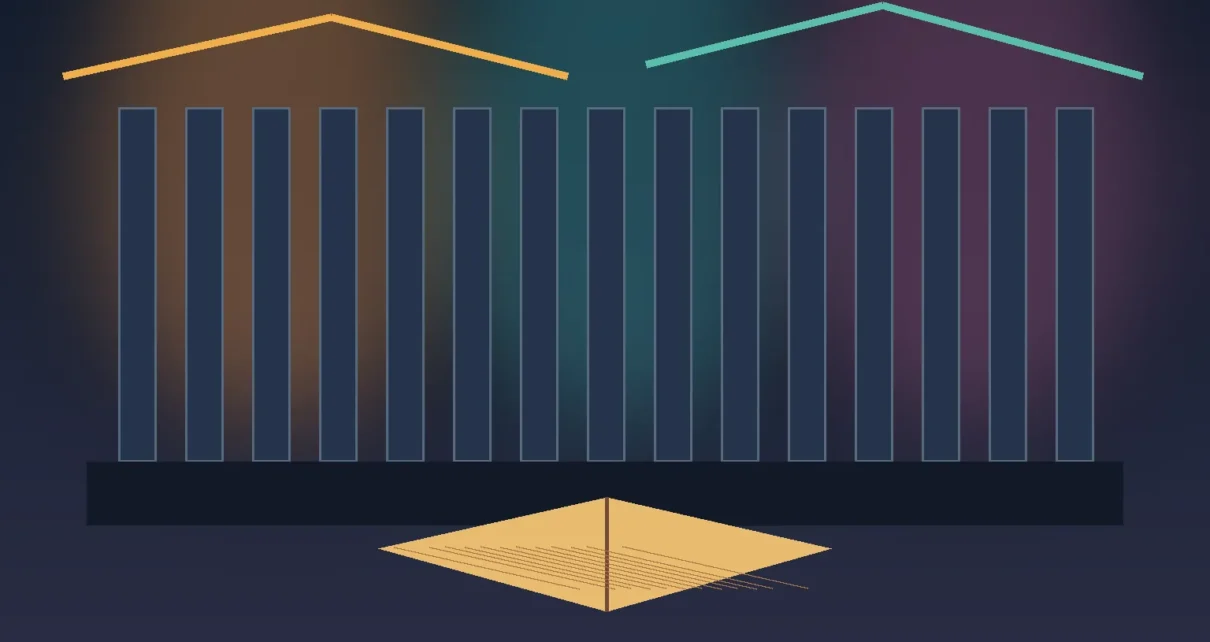 Ilustración de una biblioteca con un libro abierto y luces de colores