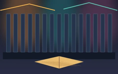 Ilustración de una biblioteca con un libro abierto y luces de colores
