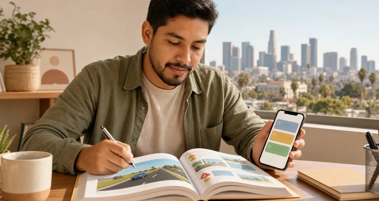 Persona latina estudia para el examen de manejo de California con un manual y un teléfono