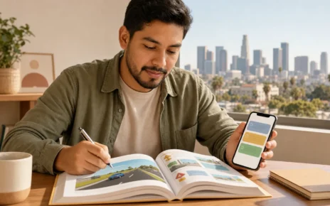 Persona latina estudia para el examen de manejo de California con un manual y un teléfono