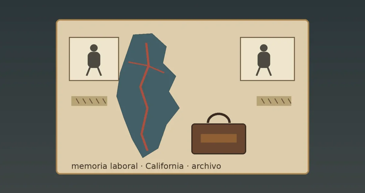 Sala de museo con fotografías de archivo, un mapa de California y una maleta de trabajador