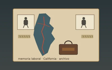 Sala de museo con fotografías de archivo, un mapa de California y una maleta de trabajador