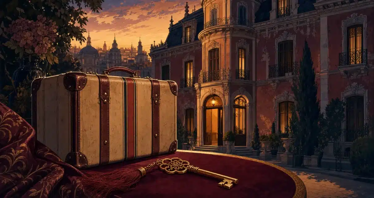 Ilustración de una mansión antigua, una llave y una maleta bajo luz cálida