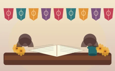 Libro abierto y elementos visuales de tradiciones hispanas para investigar en familia