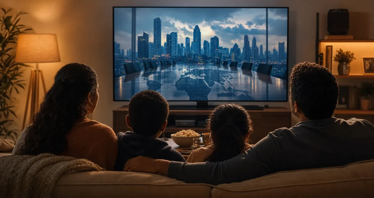 Ilustración de una familia latina viendo una serie de drama político en televisión