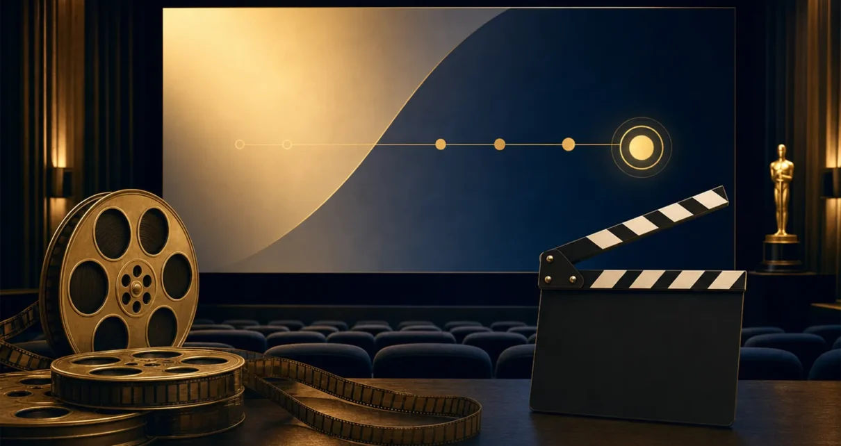 Sala de cine con carretes y una línea de tiempo visual sobre la presentación de documentales