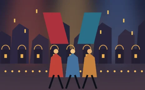 Ilustración de un festival cultural con artistas y luces frente a una ciudad colonial