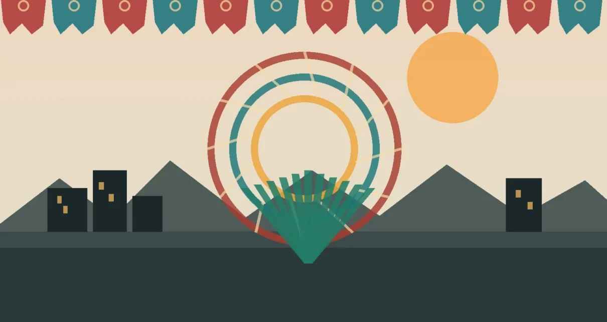 Ilustración editorial con formas textiles y geométricas que evocan el diálogo cultural entre México y Los Ángeles