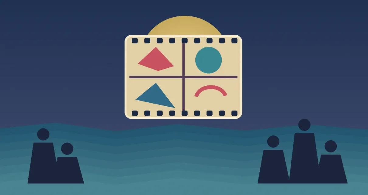 Ilustración editorial de una pantalla de cine con formas abstractas y un paisaje costero al atardecer