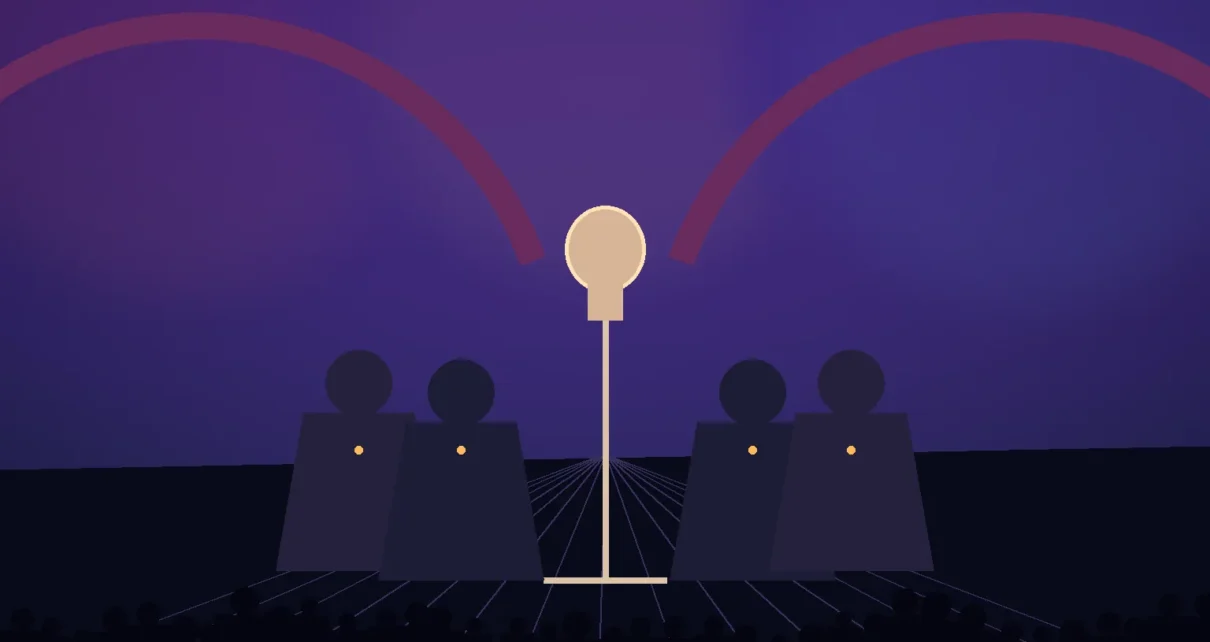 Escenario de concierto con un micrófono central, luces cálidas y siluetas abstractas de músicos y público