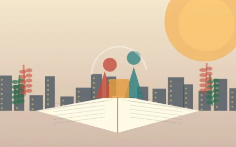 Ilustración editorial de un libro abierto, edificios y formas abstractas que representan la Feria Internacional del Libro de Monterrey