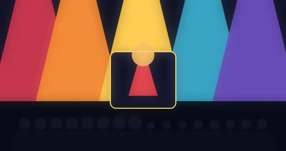Ilustración editorial de un escenario musical iluminado con colores rojo, dorado y azul y una audiencia en silueta.
