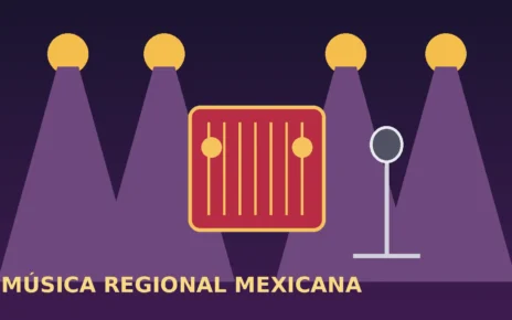 Ilustración de un acordeón y un micrófono bajo luces de escenario, en referencia a un concierto de música regional mexicana