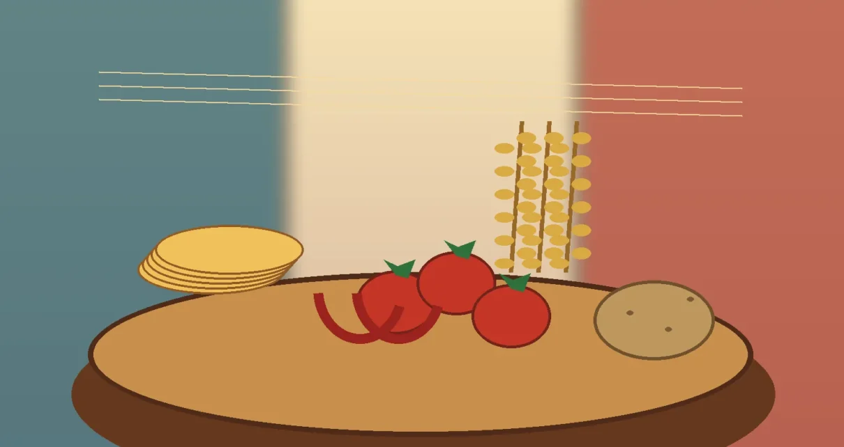 Mesa con maíz, tomates, chile, papa y trigo como símbolos del intercambio de alimentos