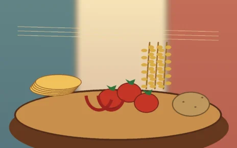 Mesa con maíz, tomates, chile, papa y trigo como símbolos del intercambio de alimentos
