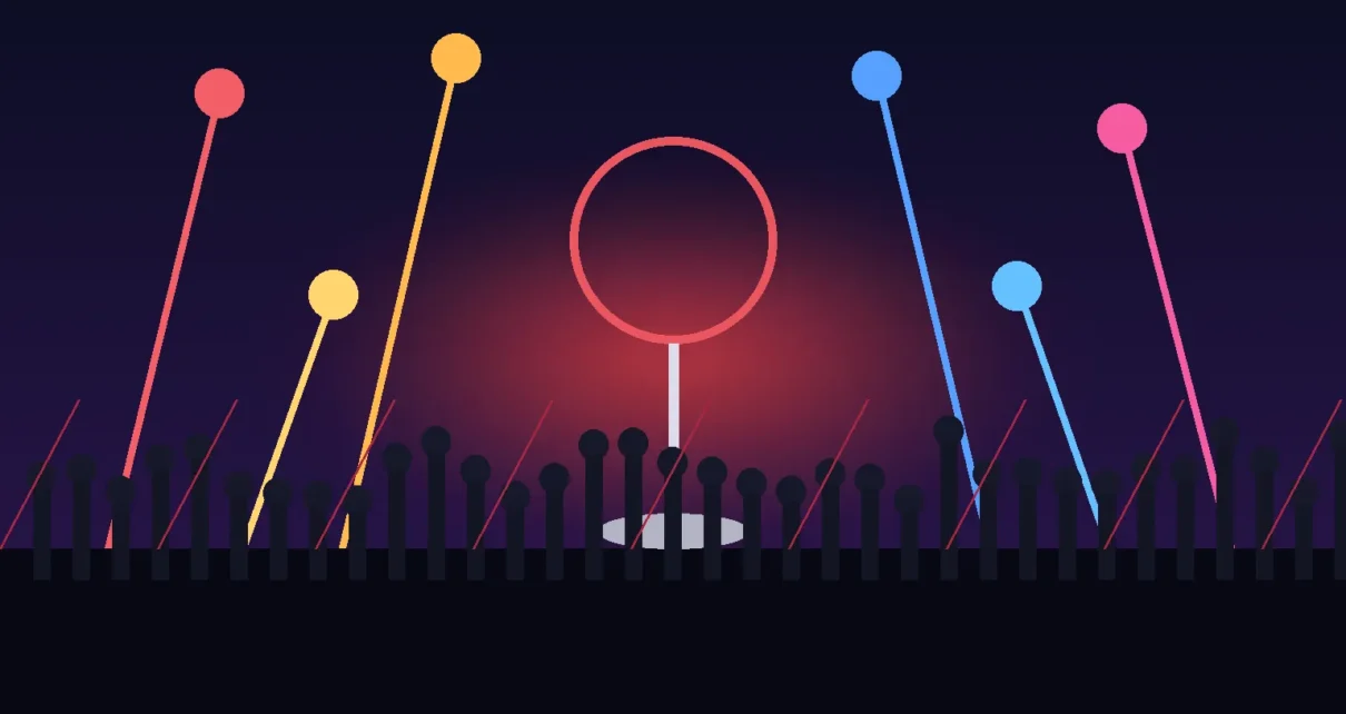 Ilustración de un micrófono frente a luces de escenario y siluetas de público