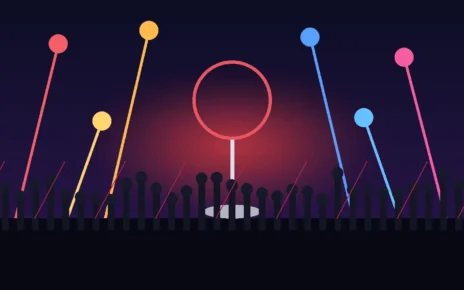 Ilustración de un micrófono frente a luces de escenario y siluetas de público