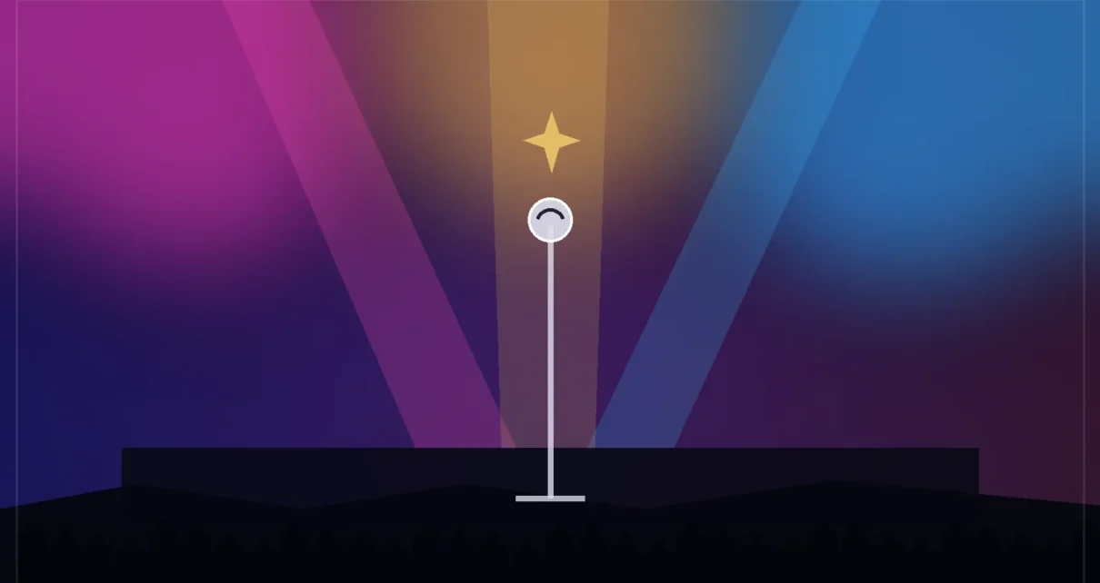 Ilustración editorial de un escenario de concierto con luces magenta, azul y doradas y un micrófono al centro para la gira de Kenia Os en Inglewood