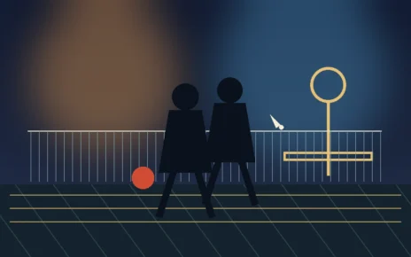 Ilustración de una cancha escolar con una red de bádminton, un aro de baloncesto y dos siluetas juveniles