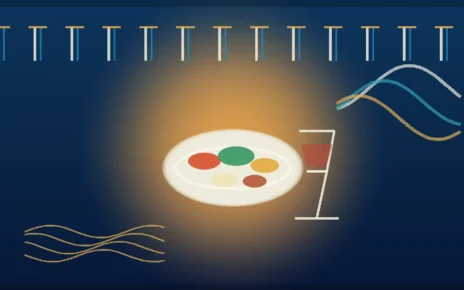 Ilustración editorial de comida, bebida y música alrededor de un festival griego en Los Ángeles