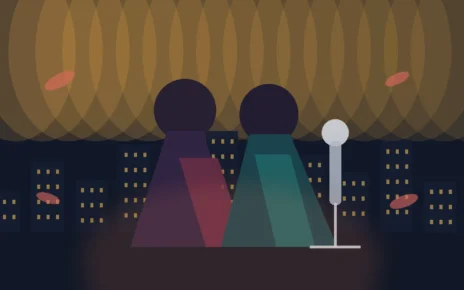 Ilustración editorial de una pareja y un micrófono en un ambiente de drama musical colombiano