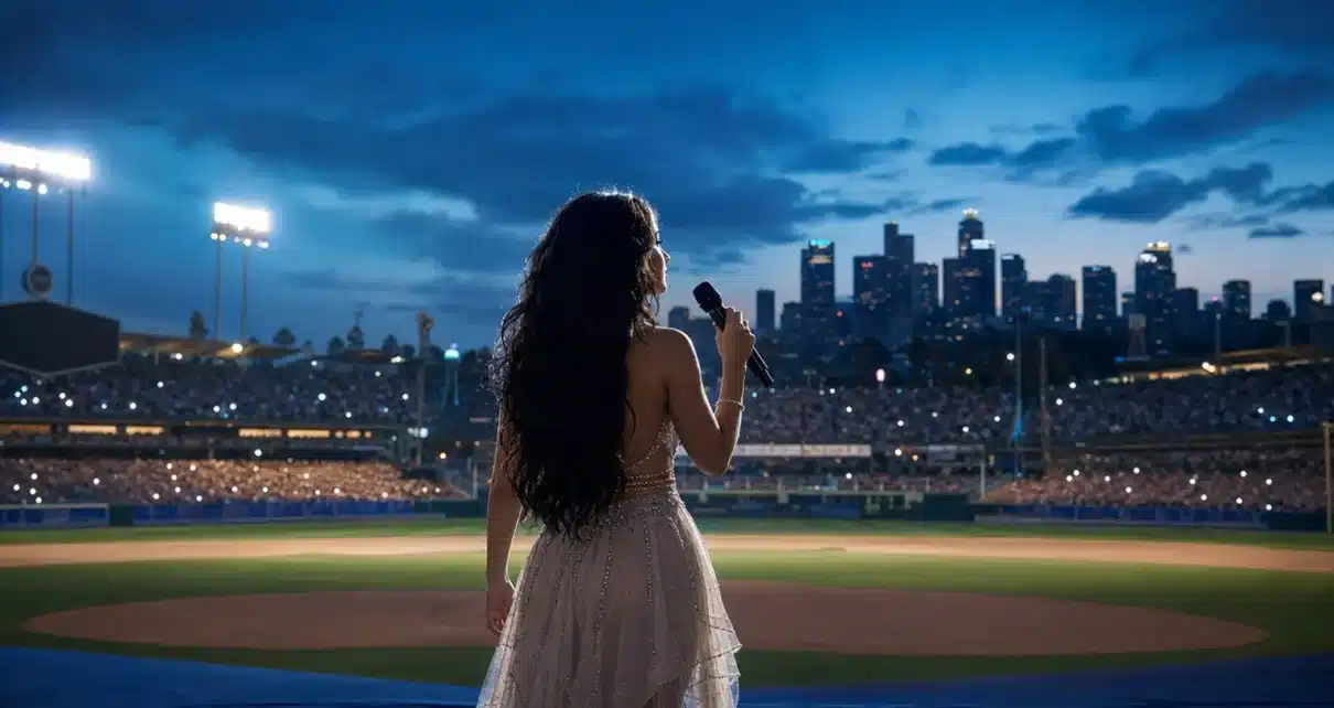 Cantante latina ficticia con micrófono en un estadio de Los Ángeles, imagen editorial sobre La Tierra del Valor