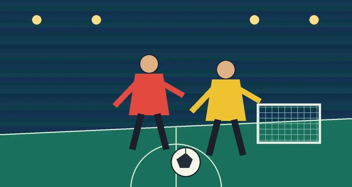Ilustración de un partido de futsal entre selecciones sudamericanas en una cancha bajo luces de estadio