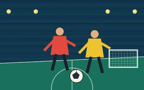 Ilustración de un partido de futsal entre selecciones sudamericanas en una cancha bajo luces de estadio
