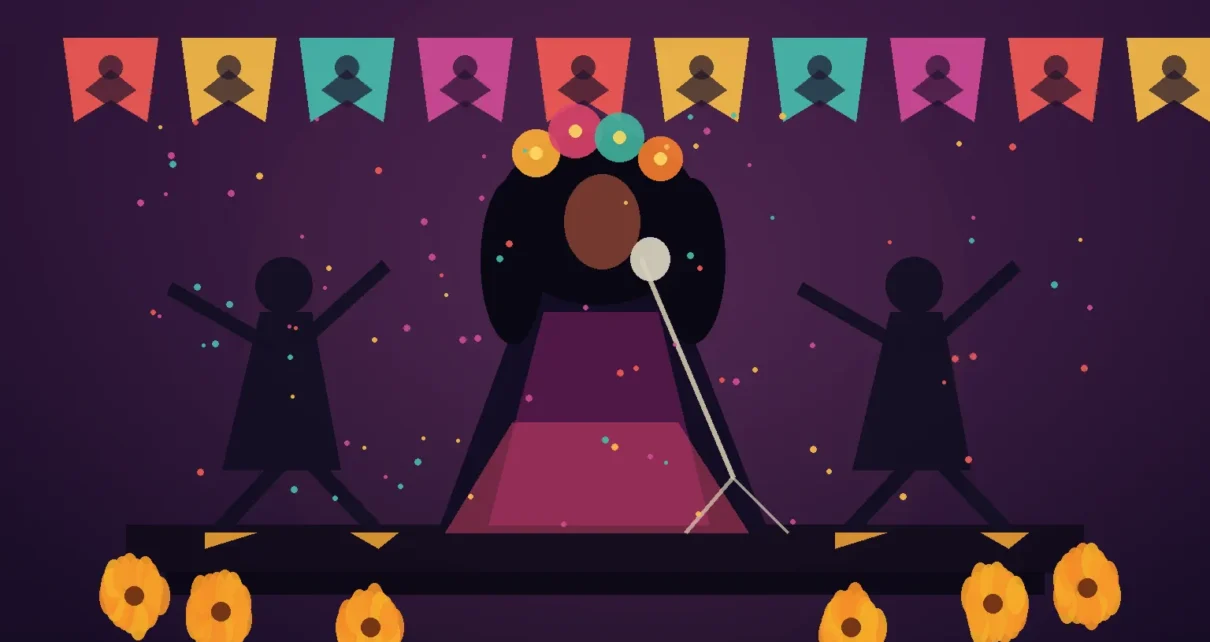 Ilustración editorial de una cantante y bailarines de folclor en un escenario con flores de cempasúchil y papel picado