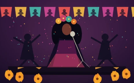 Ilustración editorial de una cantante y bailarines de folclor en un escenario con flores de cempasúchil y papel picado