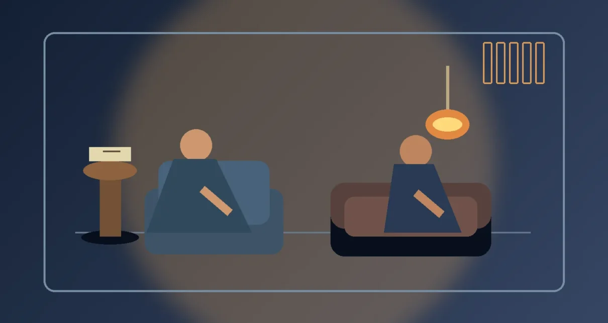 Ilustración de una consulta de psicoanálisis con dos personas conversando