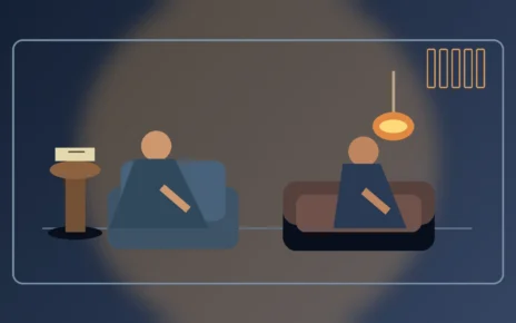 Ilustración de una consulta de psicoanálisis con dos personas conversando