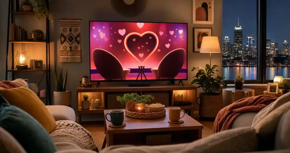 Televisor con símbolos abstractos de conversación y corazones frente al horizonte de Boston
