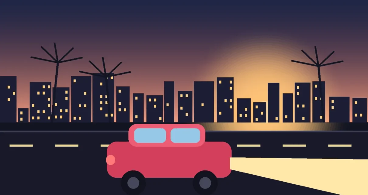 Ilustración editorial de un auto rojo estacionado en una calle de Los Ángeles al atardecer, con palmeras y el horizonte de la ciudad al fondo.